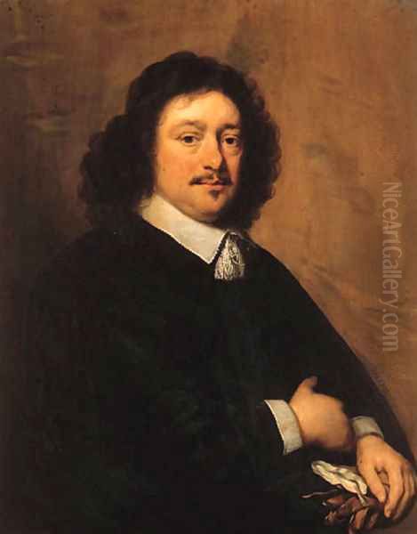 Portrait of a gentleman, half-length, wearing a black coat and a lace collar, holding a pair of gloves Oil Painting by Cornelius Janssens Van Ceulen