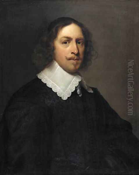 Portrait of a gentleman, half-length, in an embroidered black doublet and lace collar Oil Painting by Cornelius Janssens Van Ceulen