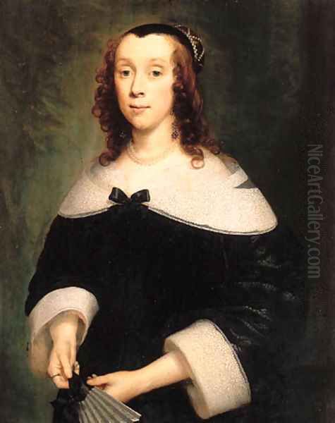 Portrait of a lady, half-length, in a black dress with a lace collar and cuffs, holding a fan Oil Painting by Cornelius Janssens Van Ceulen