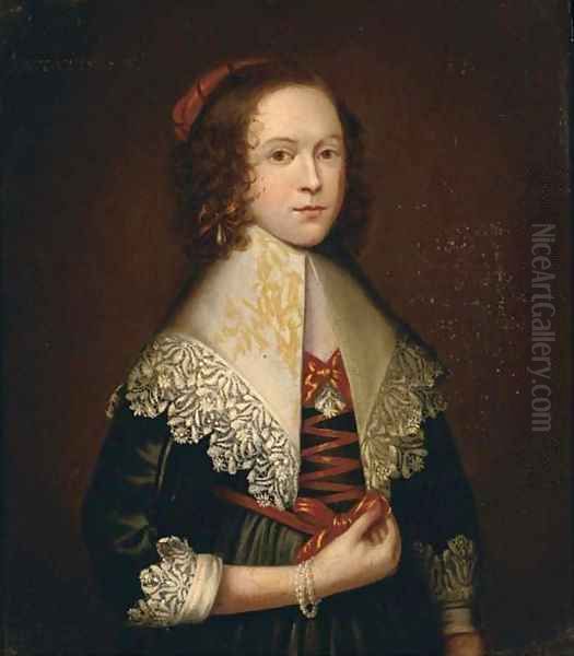 Portrait of a lady, half-length, in a green silk dress with a white lace collar and cuffs, wearing a pearl bracelet Oil Painting by Cornelius Janssens Van Ceulen