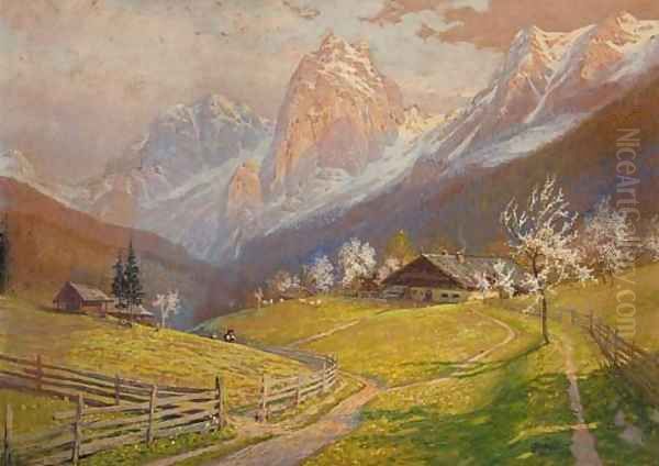 Figures walking in an Alpine Landscape Oil Painting by Georg Janny