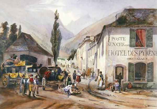 Arrival and Repair of a Stagecoach at Luz on the Road to Barreges Oil Painting by Jean Jacottet