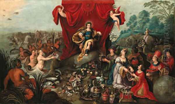 Apollo enthroned, presented with the gifts of the Continents and Oceans Oil Painting by Hans III Jordaens