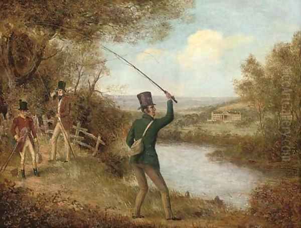 A fly-fisherman casting a fly, a house beyond, thought to be Chatsworth Oil Painting by Samuel John Egbert Jones