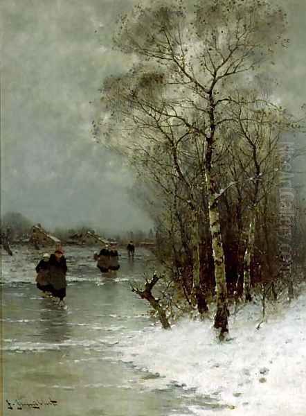 Girls Walking on a Frozen River Oil Painting by Johann II Jungblut