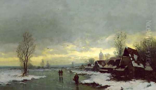 People Walking on a Frozen River Oil Painting by Johann II Jungblut