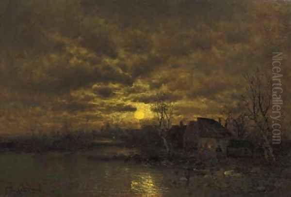 A river landscape at dusk Oil Painting by Johann II Jungblut