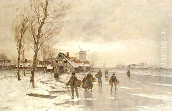 A winter landscape with figures on a frozen waterway Oil Painting by Johann II Jungblut