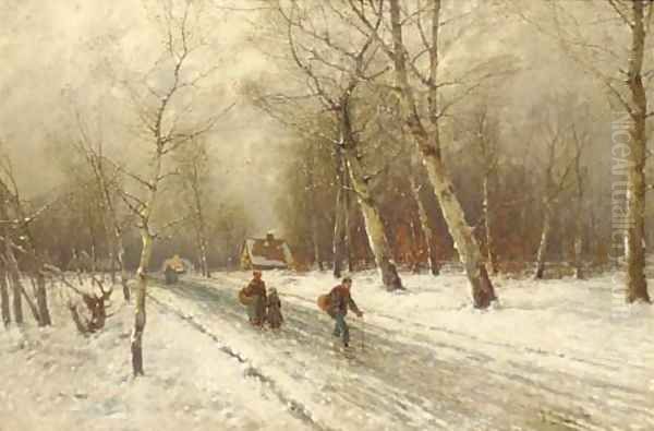 Figures on a snow covered country road Oil Painting by Johann II Jungblut