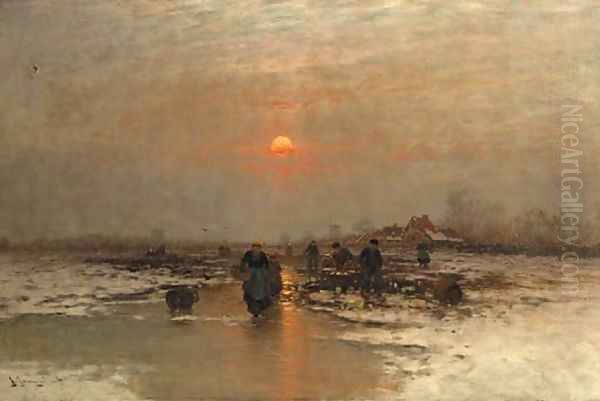 Ice fishing at dusk Oil Painting by Johann II Jungblut