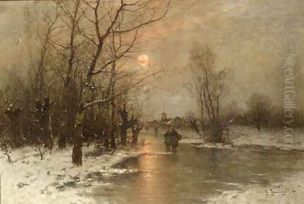 Peasants on a frozen waterway at dusk Oil Painting by Johann II Jungblut