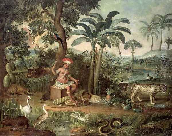 Native Indian in a landscape with animals Oil Painting by Jose Teofilo de Jesus