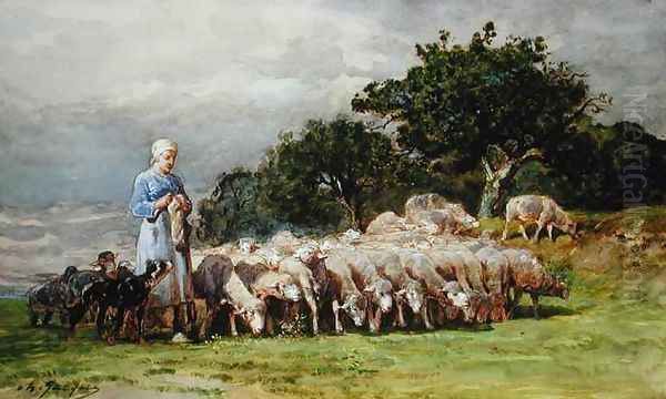 A Shepherdess with a Flock of Sheep Oil Painting by Charles Emile Jacques