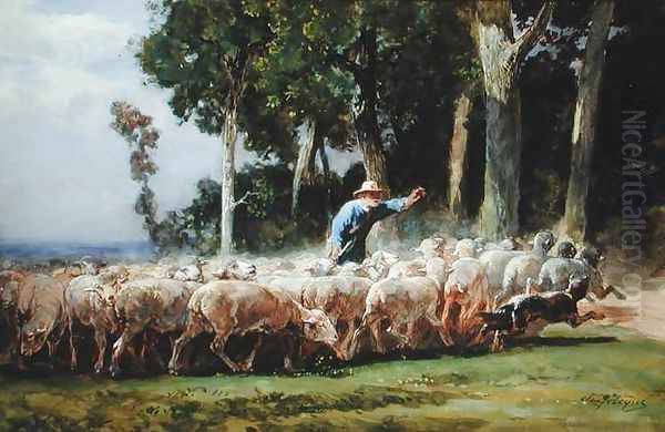 A Shepherd with a Flock of Sheep Oil Painting by Charles Emile Jacques