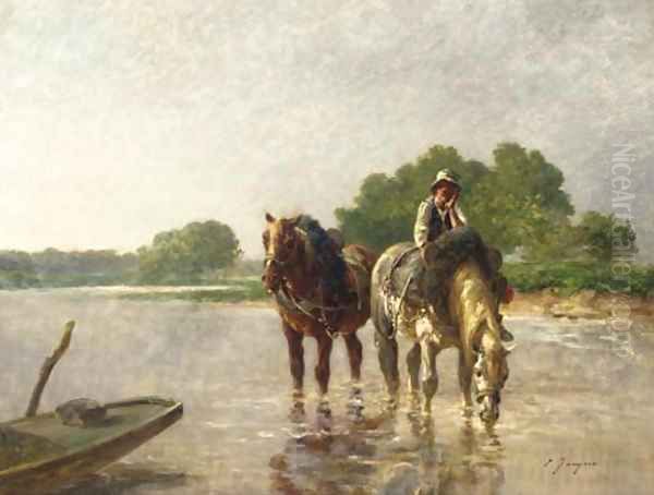 Working horses pausing for a drink in a river Oil Painting by Charles Emile Jacques