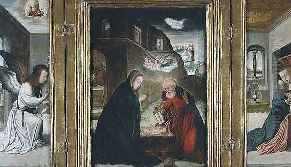 The Birth of Christ Triptych with the Nativity flanked by the Annunciation Oil Painting by Flandes Juan de