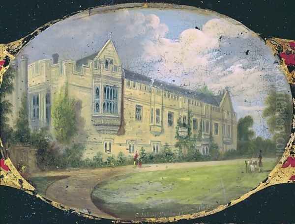 Victorian sewing box panel decorated with an oval cameo of St Johns College gardens Oil Painting by L. and Bettridge, H. Jennens