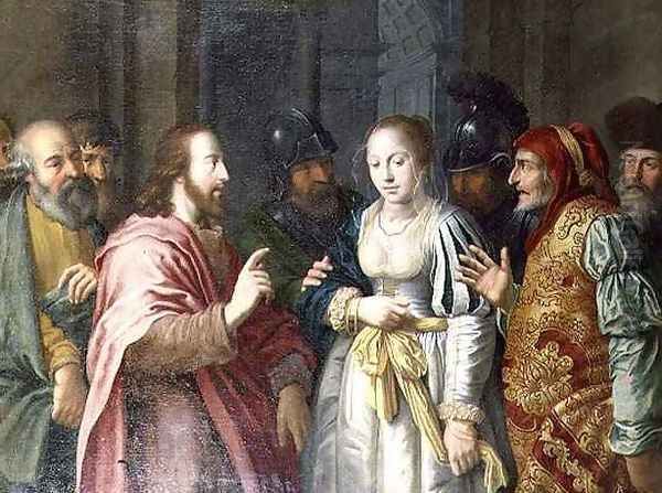 Christ and the Woman Taken in Adultery Oil Painting by Lambert Jacobsz or Jacobs