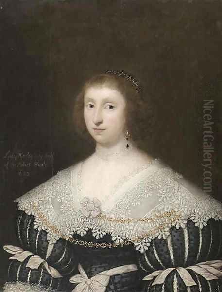 Portrait of Mary, Lady Morley, half-length, in a black dress with slashed sleeves and a lace collar Oil Painting by Cornelis I Johnson