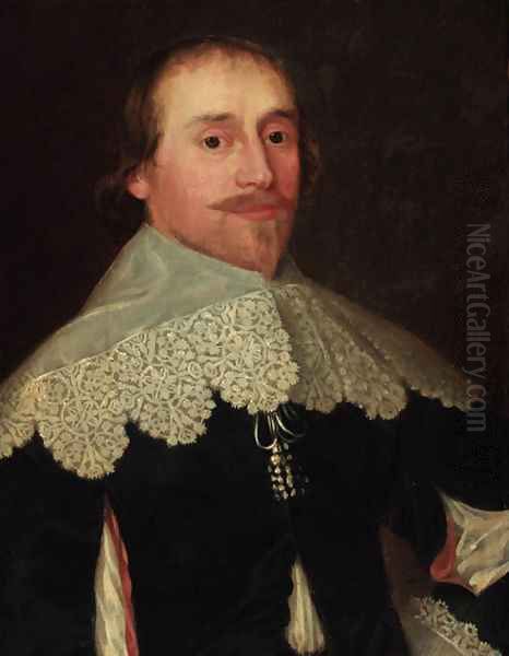 Portrait of a gentleman, bust-length, in a black doublet with lace collar Oil Painting by Cornelis I Johnson