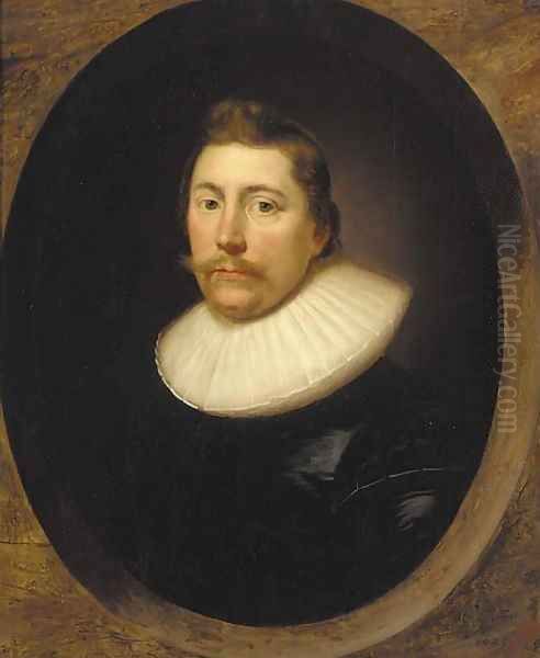 Portrait of a gentleman, bust-length, in a black silk doublet and white ruff, feigned oval Oil Painting by Cornelis I Johnson