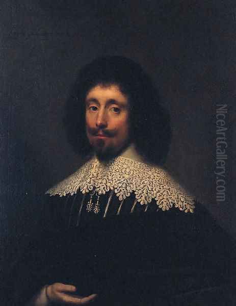 Portrait of a Gentleman, traditionally thought to be James Howell, half-length, in a black and white doublet, white lace collar, and black mantle Oil Painting by Cornelis I Johnson