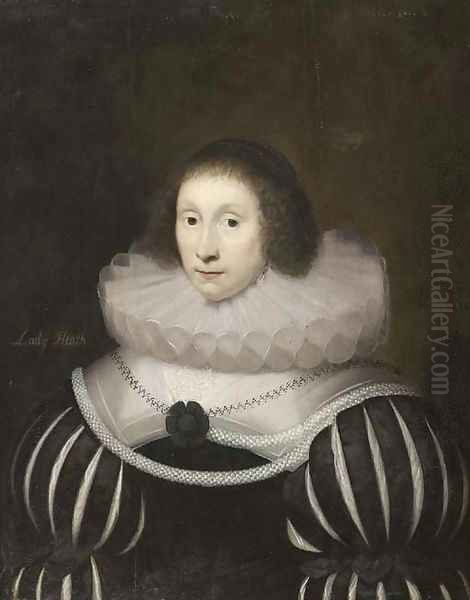 Portrait of Margaret, Lady Heath, wife of Sir Robert Heath, half-length, in a black dress with slashed sleeves and a white ruff, with a rope of pearls Oil Painting by Cornelis I Johnson