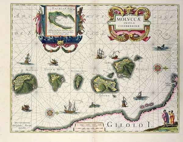 Map showing the Molucca Islands off Halmahera Oil Painting by Joannes Jansson