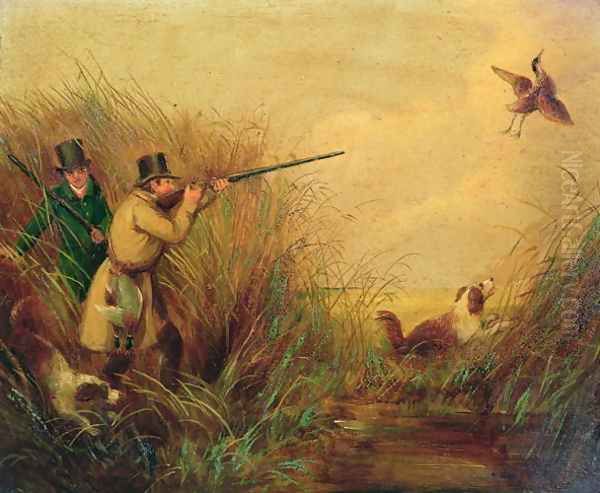 Duck Shooting Amongst Reeds Oil Painting by Samuel John Egbert Jones