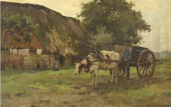 A peasant family by a farm Oil Painting by Joseph Gerardus van Jole