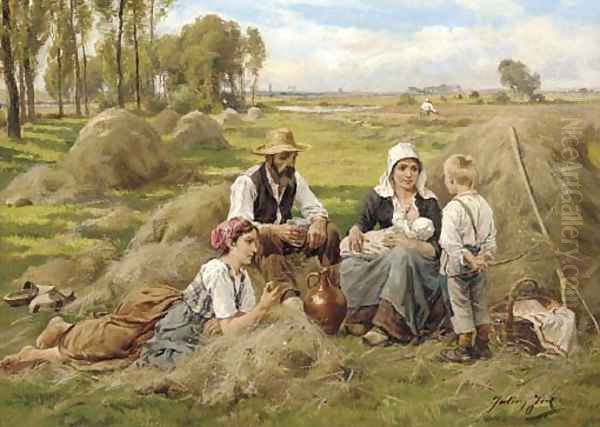 Harvesters picnicking Oil Painting by Joseph Julien