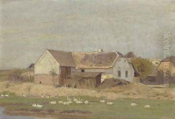 Geese before a farmstead Oil Painting by Eugene Jettel