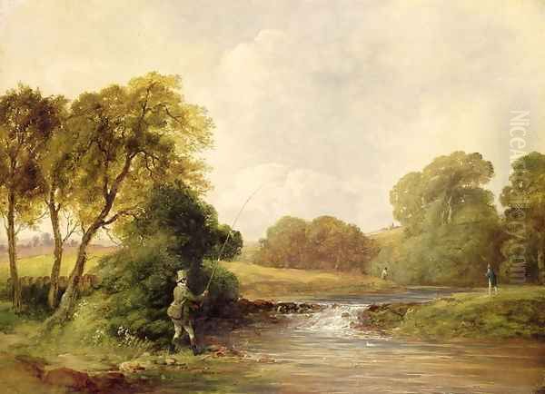 Fishing Playing a Fish Oil Painting by William E. Jones