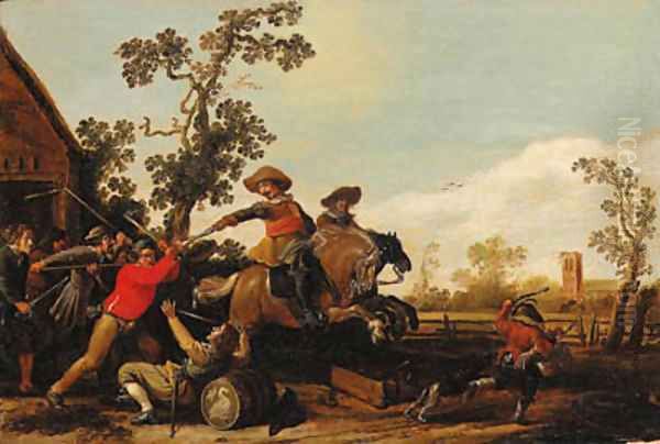 Cavalrymen raiding the Swan Inn Oil Painting by Jacob Martsen de Jonge