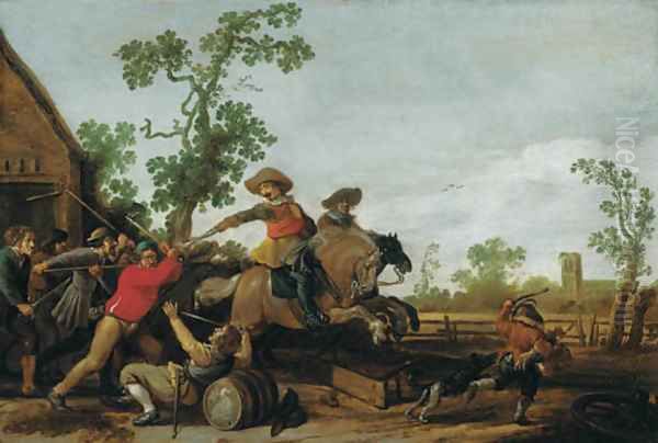 Villagers attacking cavalry outside a cottage Oil Painting by Jacob Martsen de Jonge