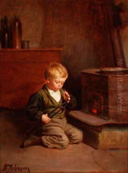 Boy Lighting a pipe Oil Painting by Samuel Frost Johnson