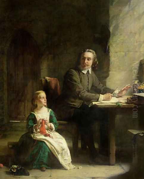 In Bedford Jail John Bunyan 1628-88 and his Blind Daughter Oil Painting by Alexander Johnston