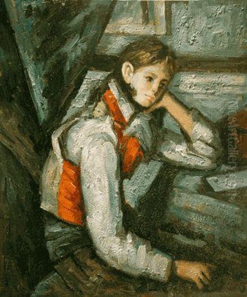 Boy In A Red Waistcoat Leaning On His Elbow Oil Painting by Paul Cezanne