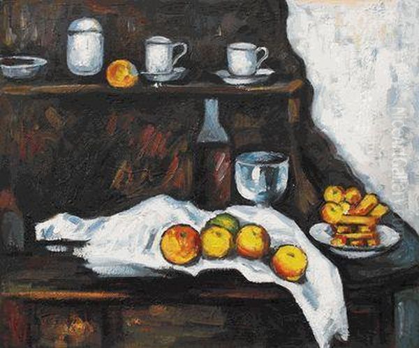 Receptacles, Fruit And Biscuits On A Sideboard Oil Painting by Paul Cezanne