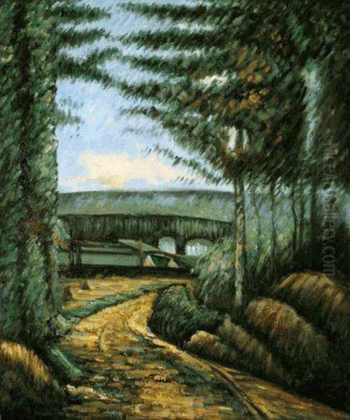 Road, Trees And Lake Oil Painting by Paul Cezanne