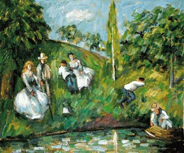 Couples Relaxing By A Pond Oil Painting by Paul Cezanne