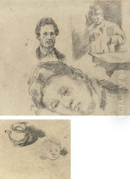 Page Of Studies, Including 
Madame Cezanne Sewing (recto); Head Ofthe Artist's Son, And Kettle 
(verso) Oil Painting by Paul Cezanne