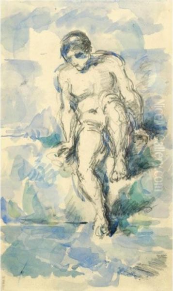 Baigneur Descendant Dans L'eau - Recto Etude De Baigneur - Verso Oil Painting by Paul Cezanne