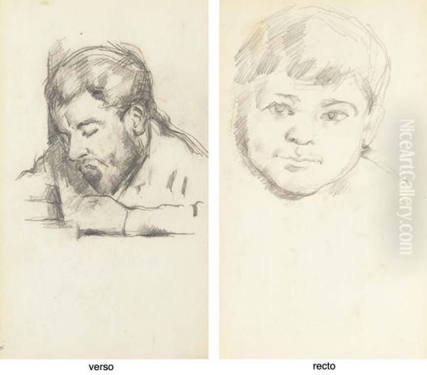 Emile Zola Lisant (recto); Tete De Paul Cezanne Fils (verso) Oil Painting by Paul Cezanne