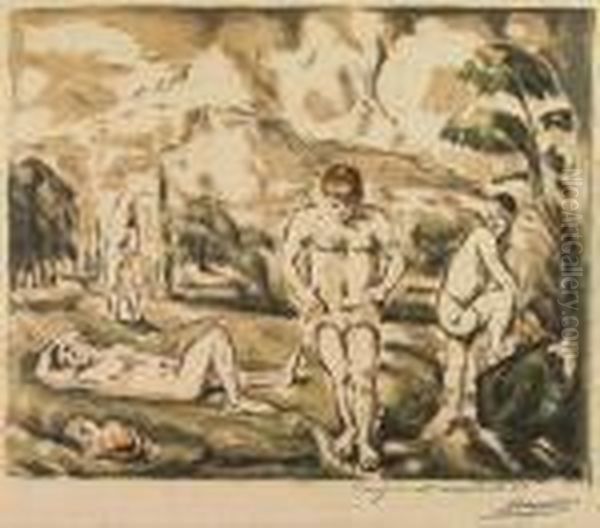 Les Baigneurs (grande Planche)<</b> Oil Painting by Paul Cezanne