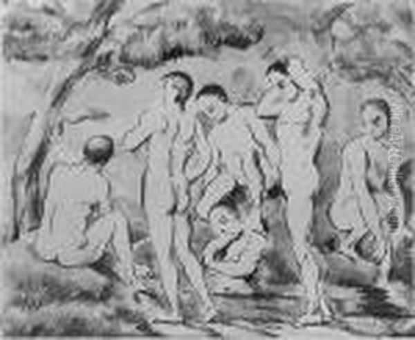 Small Bathers (venturi 1156) Oil Painting by Paul Cezanne