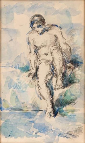 Baigneur Descendant Dans L'eau 
(bather Entering The Water; Recto);etude De Baigneur (study Of A Bather;
 Verso) Oil Painting by Paul Cezanne