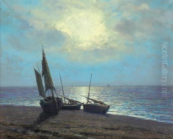 Boats On A Moonlit Beach Oil Painting by Arsene Chabanian