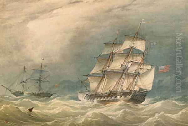 A frigate and other shipping off a rocky coast Oil Painting by William Joy