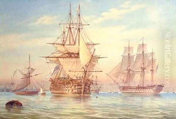 A Man o'War and other shipping Oil Painting by William Joy